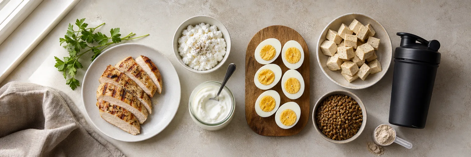 Overhead editorial spread of high-protein foods on a kitchen counter — grilled chicken breast, cottage cheese, Greek yogurt, hard-boiled eggs, cubed tofu, lentils, and a shaker with protein powder — illustrating practical whole-food protein sources for weight loss.