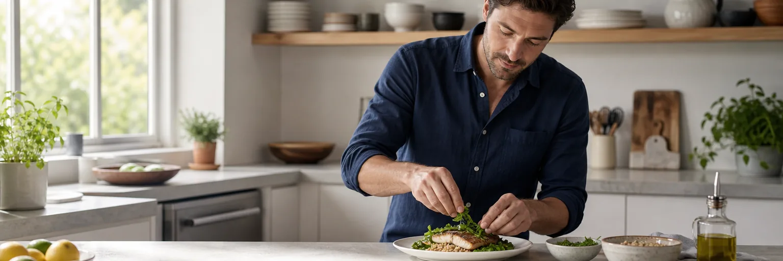 adult preparing a Mediterranean-style plate of lean fish, leafy greens, olive oil, and whole grains as part of a psoriasis-and-weight-loss routine