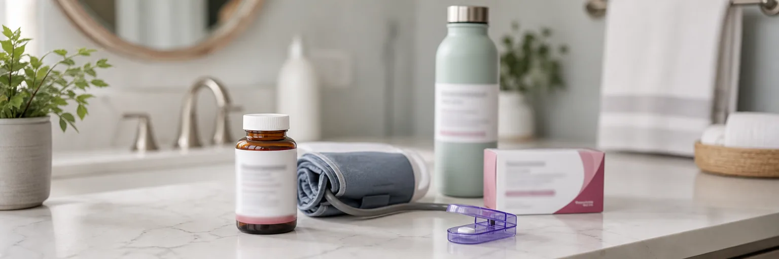 neutral bathroom counter in soft daylight with a labelled once-daily capsule bottle mock-up in soft focus, a home upper-arm blood-pressure cuff, a labelled reusable water bottle, a printed pregnancy-test box mock-up for the REMS callout, and a small pill splitter on a matte-white countertop with a small potted plant