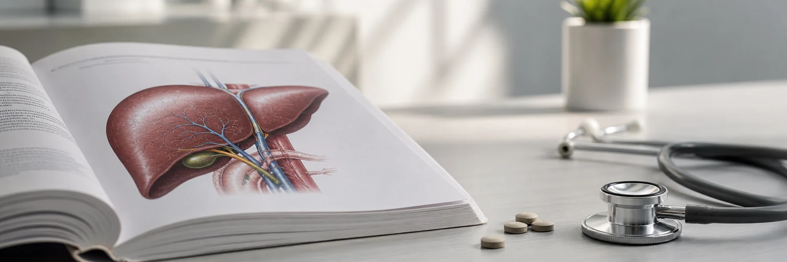 Anatomical liver reference on a clinical desk beside unbranded tablets and a stethoscope in soft daylight, representing the first FDA-approved MASH drug.