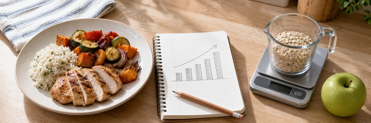 Measured meal portion next to a notebook with a small upward bar-chart sketch, illustrating a gradual calorie increase after weight loss