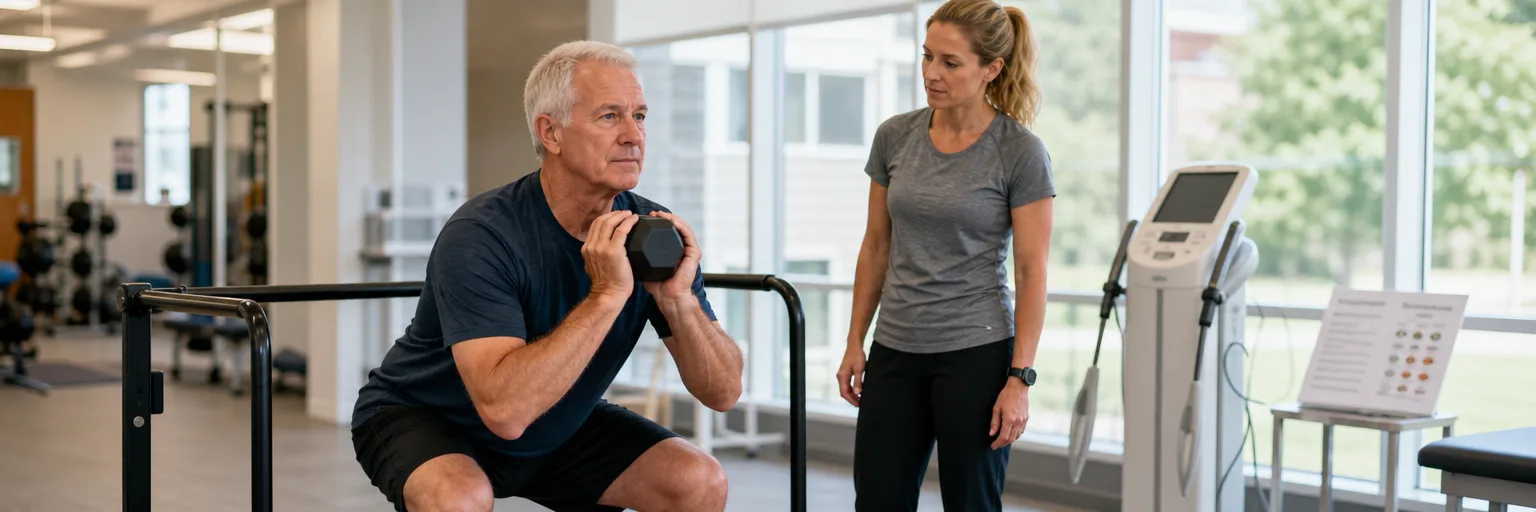 Older adult performing a supported goblet squat with a moderate dumbbell in a bright community gym while a physical therapist supervises, with a body-composition analyzer and printed protein-intake sheet in the background.