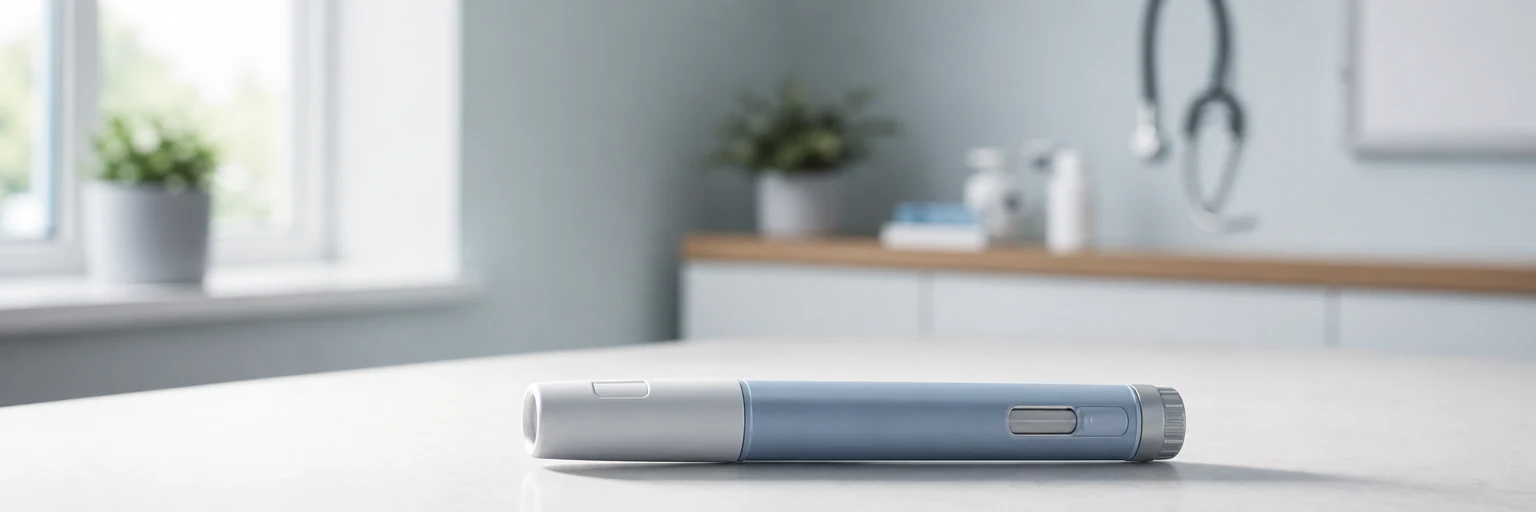 Unbranded injection pen device resting on a clean clinical desk in soft daylight, representing daily GLP-1 therapy for weight loss.