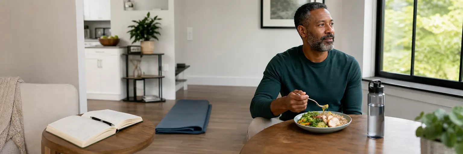 adult's calm home routine with a yoga mat, water bottle, balanced meal, and journal as part of a schizophrenia-and-weight-management routine