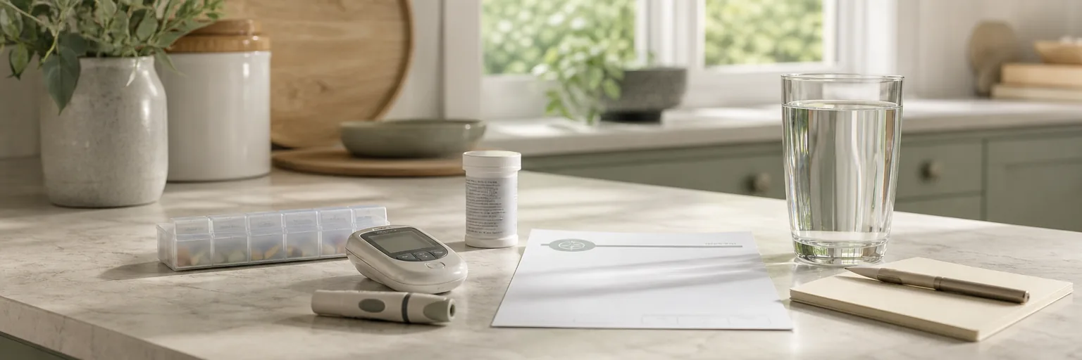 daytime kitchen counter with a labelled weekly pill organiser in soft focus, a home glucose meter and lancing device beside a test-strip vial, a plain-letterhead lab-slip mock-up for A1c and eGFR, a full clear water tumbler, and a small notepad with a pen suggesting hydration reminders
