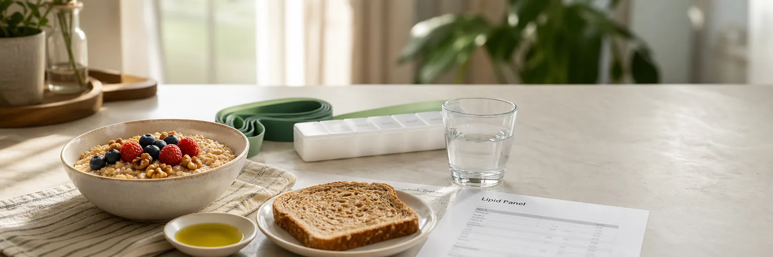 sunlit kitchen counter with a Mediterranean-style breakfast — steel-cut oats topped with walnuts and mixed berries, a small dish of olive oil beside whole-grain toast, and a plain paper lipid-panel printout — alongside a rolled resistance band and a small unlabeled weekly pill organizer in soft focus