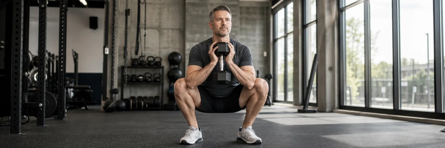 Mid-40s adult in plain athletic clothing performing a controlled dumbbell goblet squat in a bright modern gym, illustrating the resistance-training approach that preserves lean mass during weight loss.