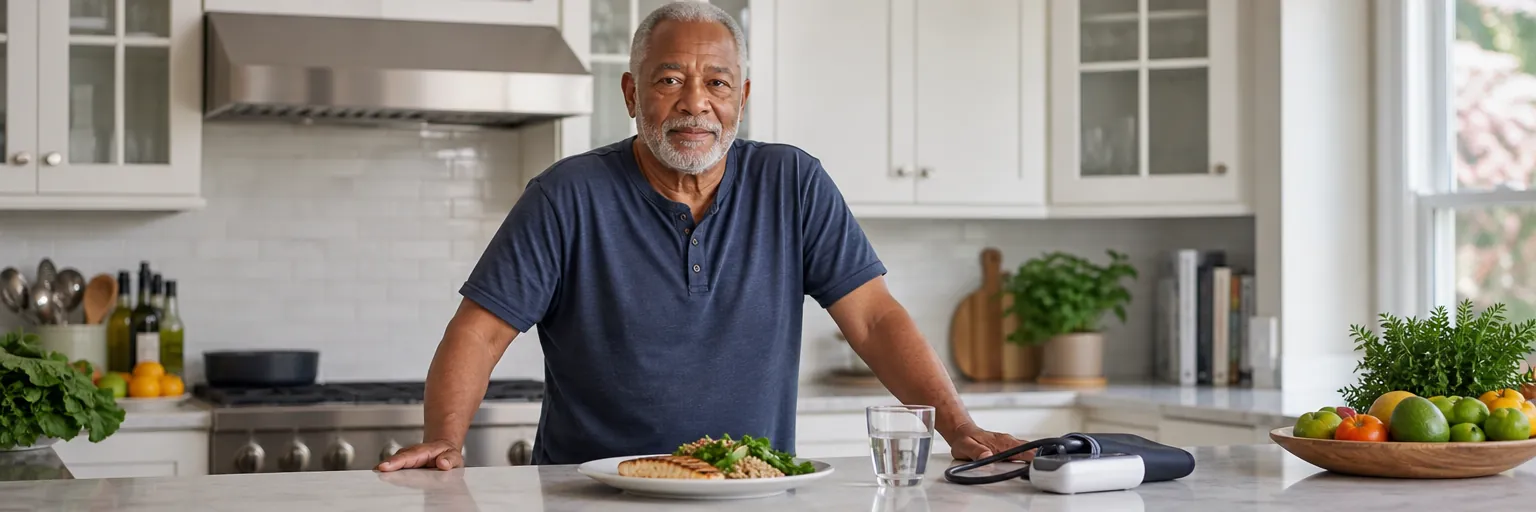 older adult at a kitchen counter with a home blood-pressure cuff and a Mediterranean plate of lean fish, leafy greens, and whole grains as part of a stroke-prevention routine