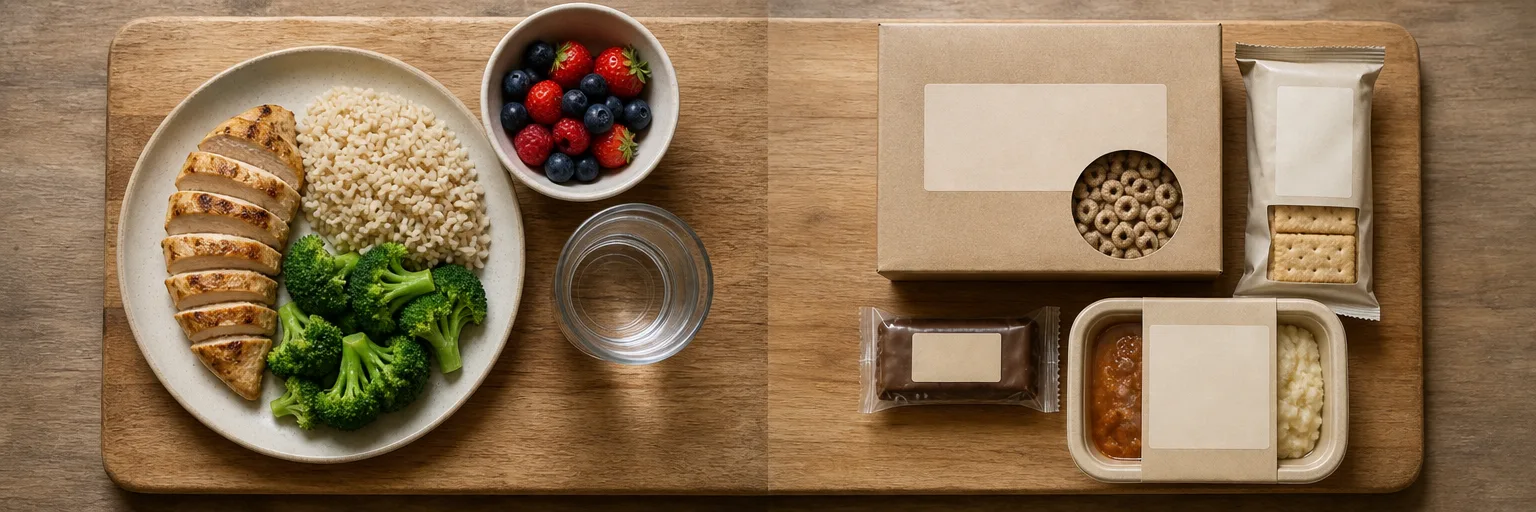 Overhead editorial comparison on a wooden cutting board with a plate of roasted chicken, brown rice, broccoli, and a bowl of berries beside a stack of neutrally packaged ultra-processed snacks and a microwave meal.