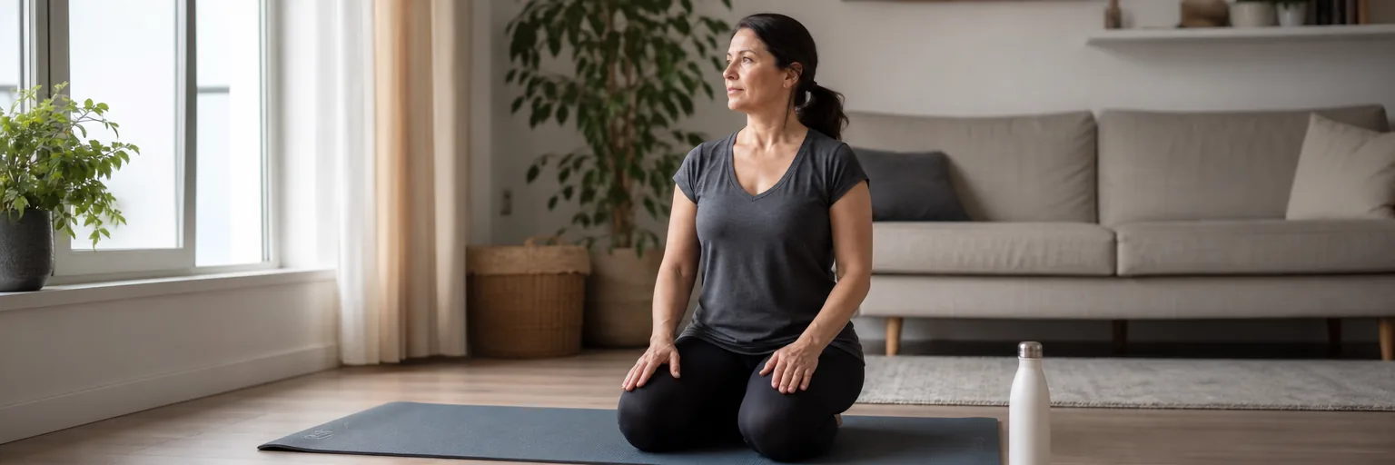 middle-aged woman on a yoga mat doing a seated pelvic-stability exercise as part of a urinary-incontinence and weight-loss routine