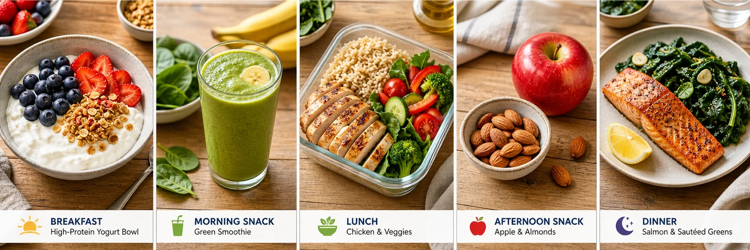 five-panel meal plan mosaic showing a full day of weight-loss meals and snacks