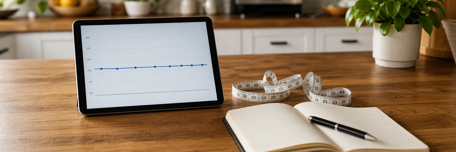 flat-trending weight chart on a tablet beside a tape measure and a notebook illustrating a weight loss plateau
