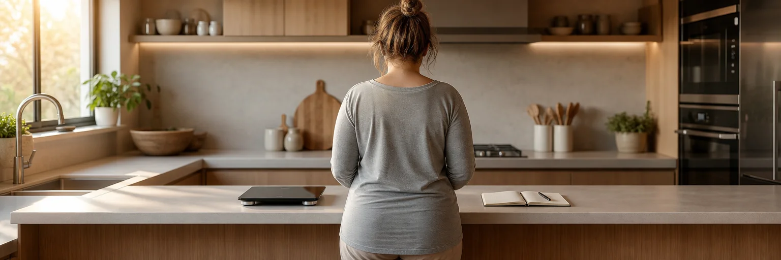 Person standing in a kitchen looking thoughtfully at a bathroom scale and notebook, conveying a reflective approach to weight cycling